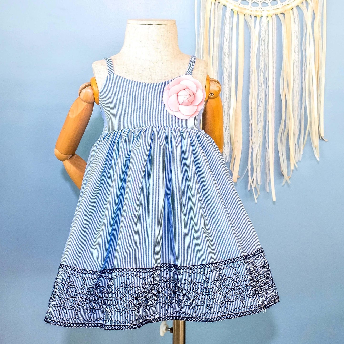 Dahlia Dress in Blue Stripes Panel Embroidery - Lil' Tati