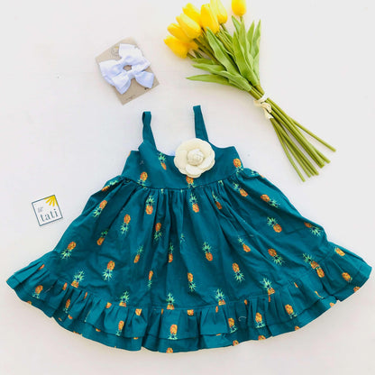 Dahlia Dress in Bluegreen Pineapple Print - Lil' Tati