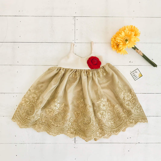 Dahlia Dress in Cream Neoprene and Gold Floral Tulle Embroidery - Lil' Tati