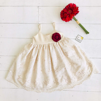 Dahlia Dress in Shiny Floral Embroidery Ivory - Lil' Tati