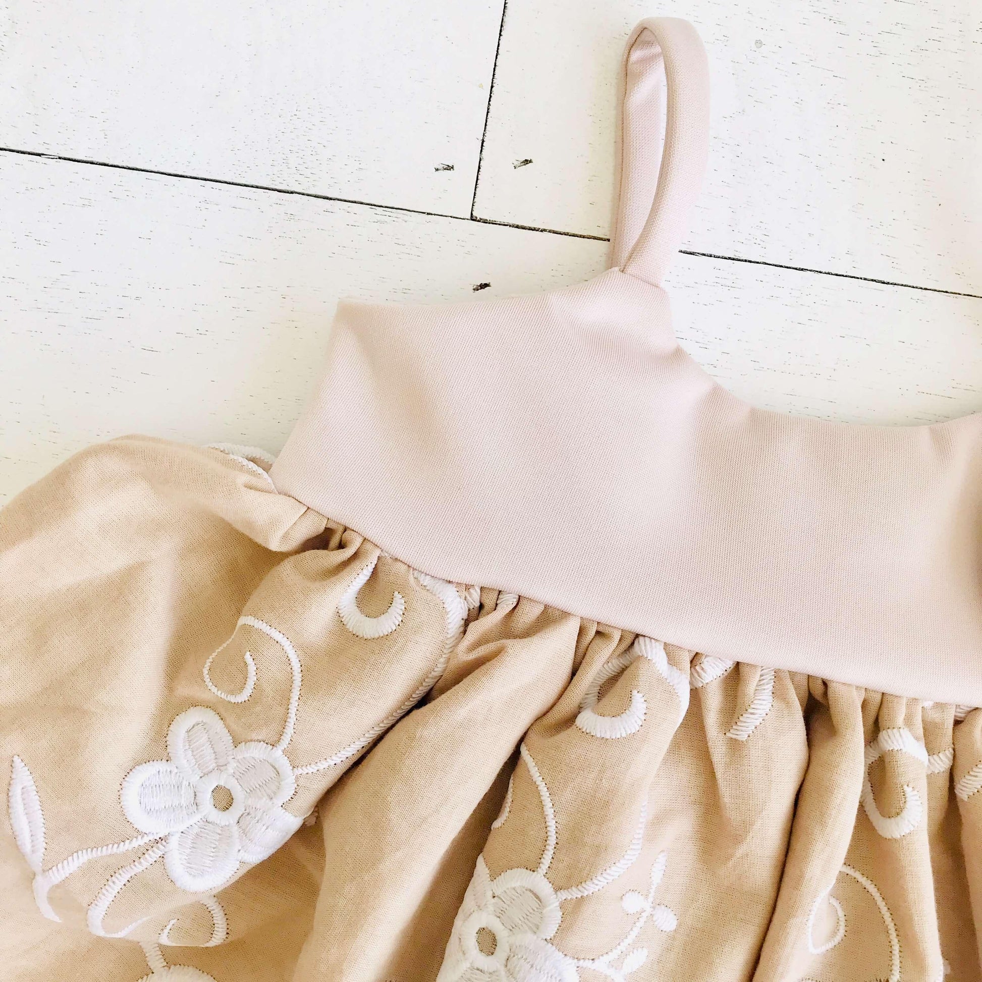 Dahlia Dress in Nude Neoprene and Fancy Beige Embroidery - Lil' Tati