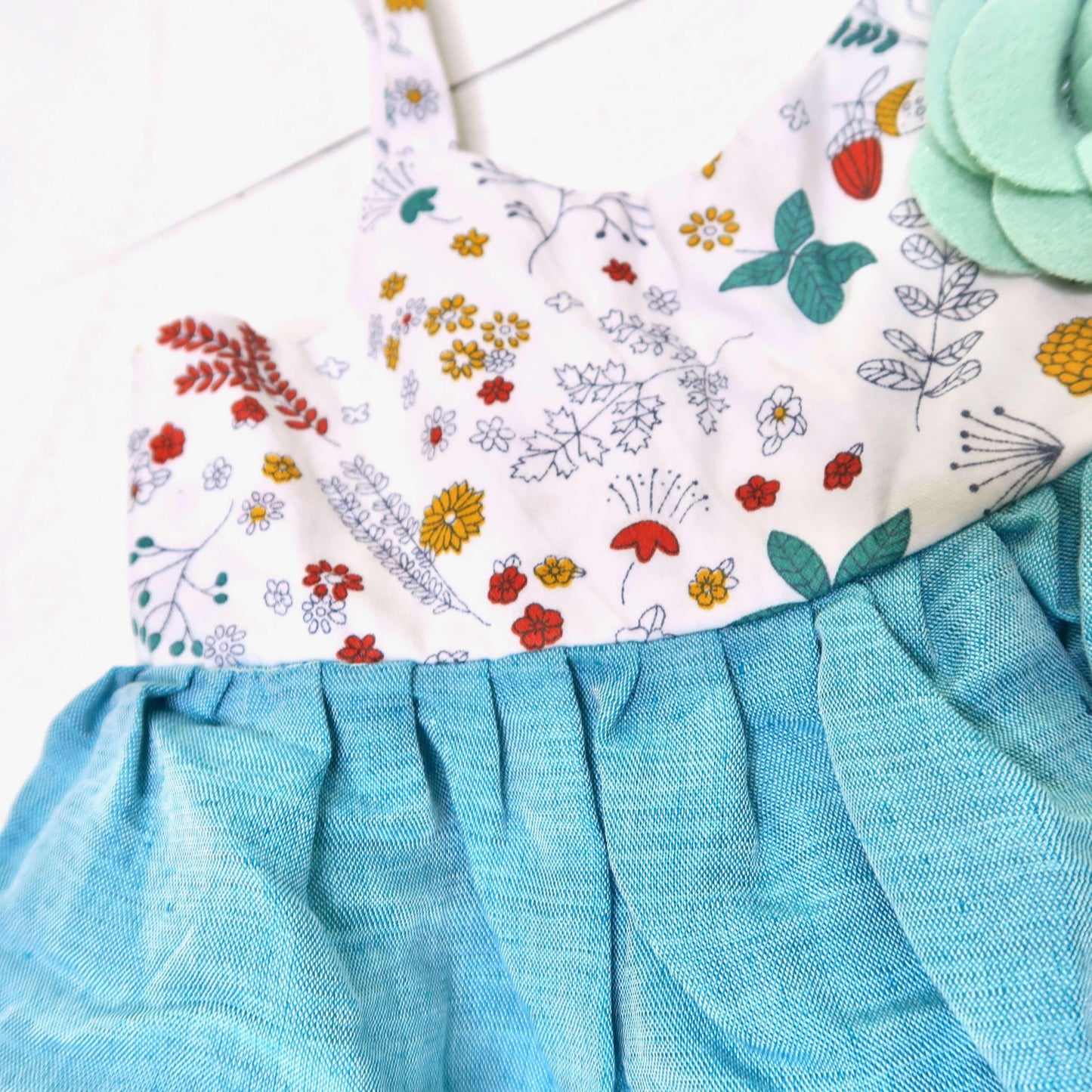 Dahlia Dress in Into the Garden and Teal Linen - Lil' Tati