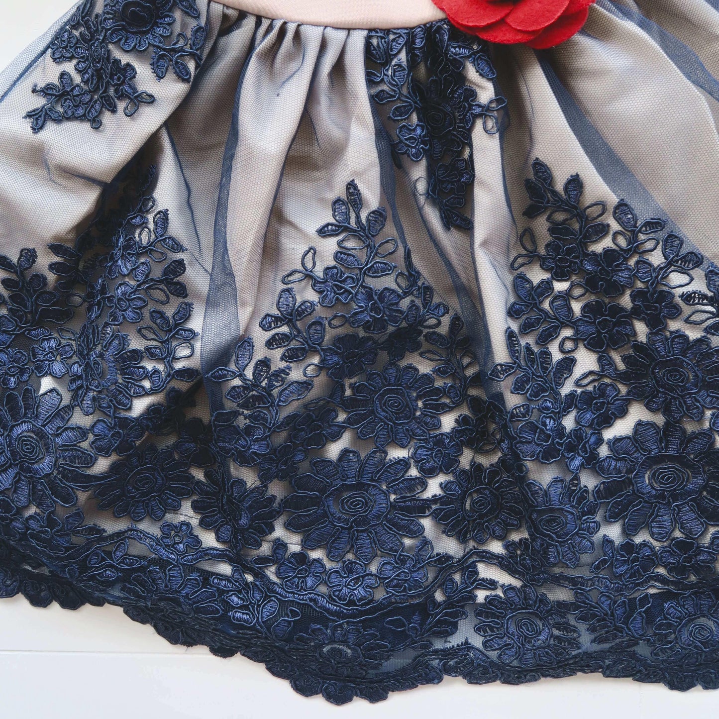 Dahlia Dress in Nude Neoprene and Navy Floral Tulle Embroidery - Lil' Tati