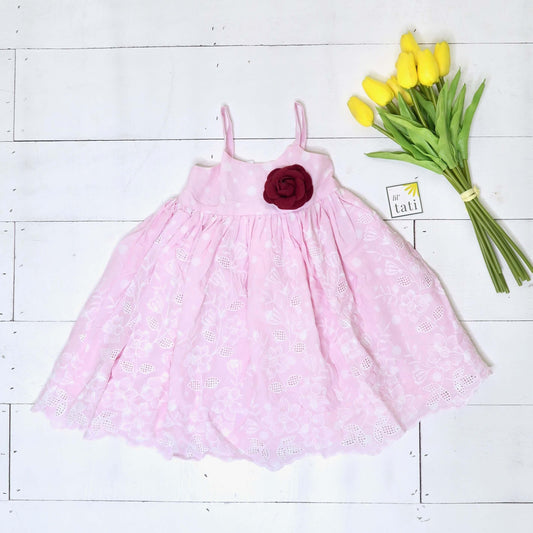 Dahlia Dress in Pink Polka Floral Embroidery - Lil' Tati