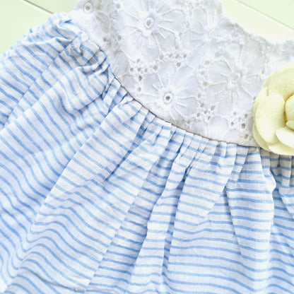 Dahlia Dress in White Flower Eyelet and Placid Blue Stripes Linen - Lil' Tati