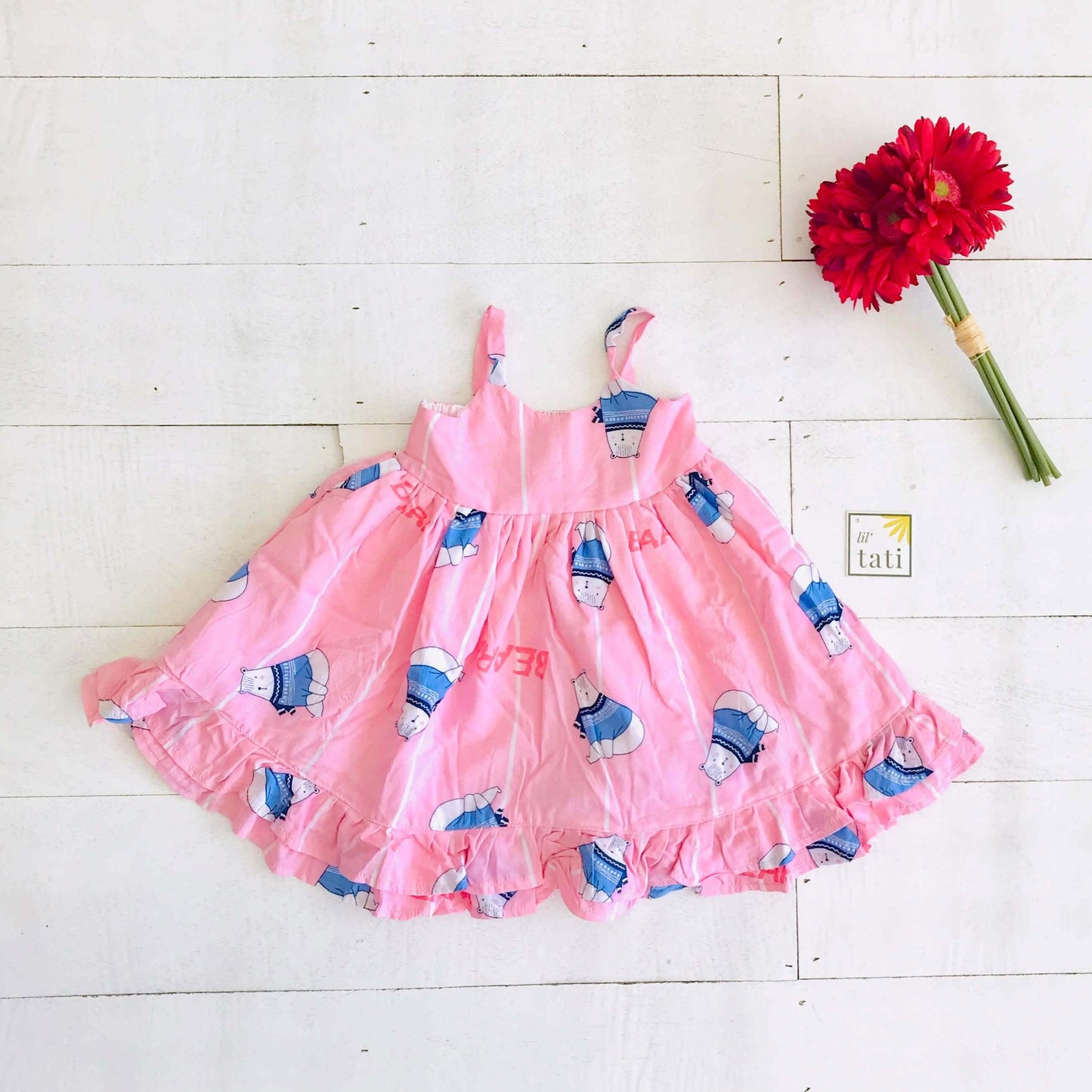 Dahlia Dress in Winter Bear Pink Print - Lil' Tati