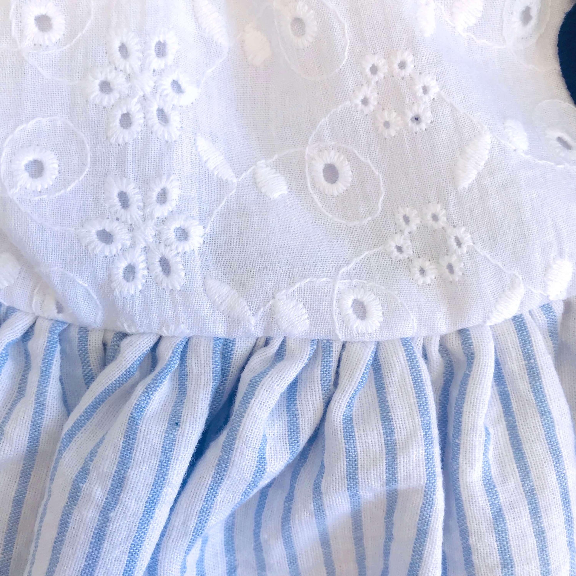 Dahlia Dress in White Eyelet and Placid Blue Stripes Linen - Lil' Tati