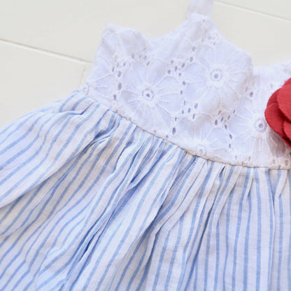 Dahlia Dress in White Flower Eyelet and Placid Blue Stripes Linen - Lil' Tati
