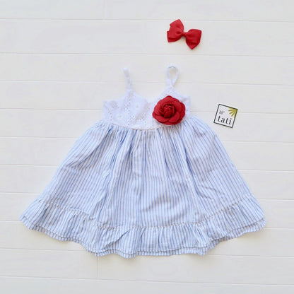 Dahlia Dress in White Flower Eyelet and Placid Blue Stripes Linen - Lil' Tati