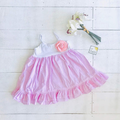 Dahlia Dress in White Stretch and Pinstripes Pink - Lil' Tati