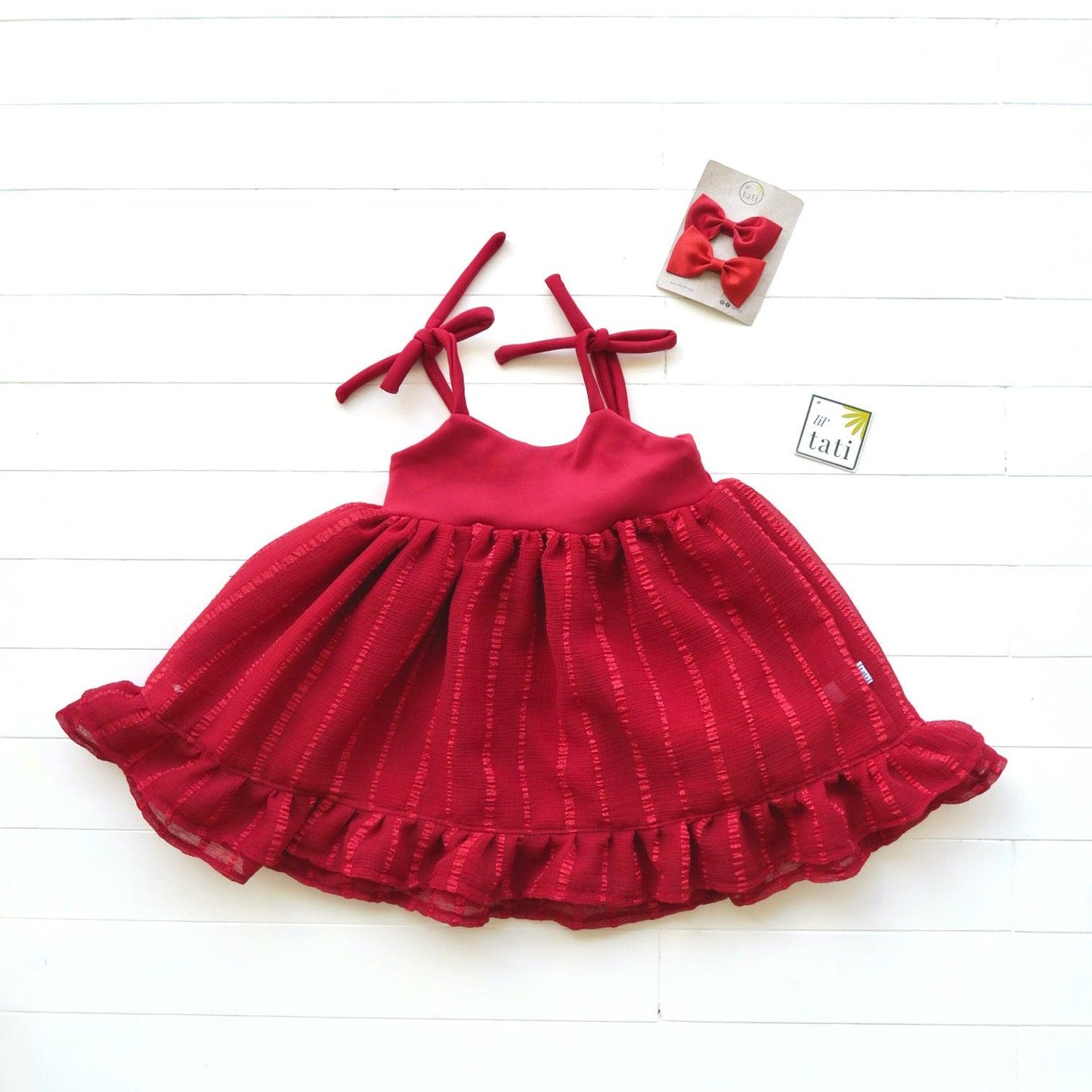 Dahlia Dress - Tie-Strap in Red Neoprene and Red Shear Stripes - Lil' Tati