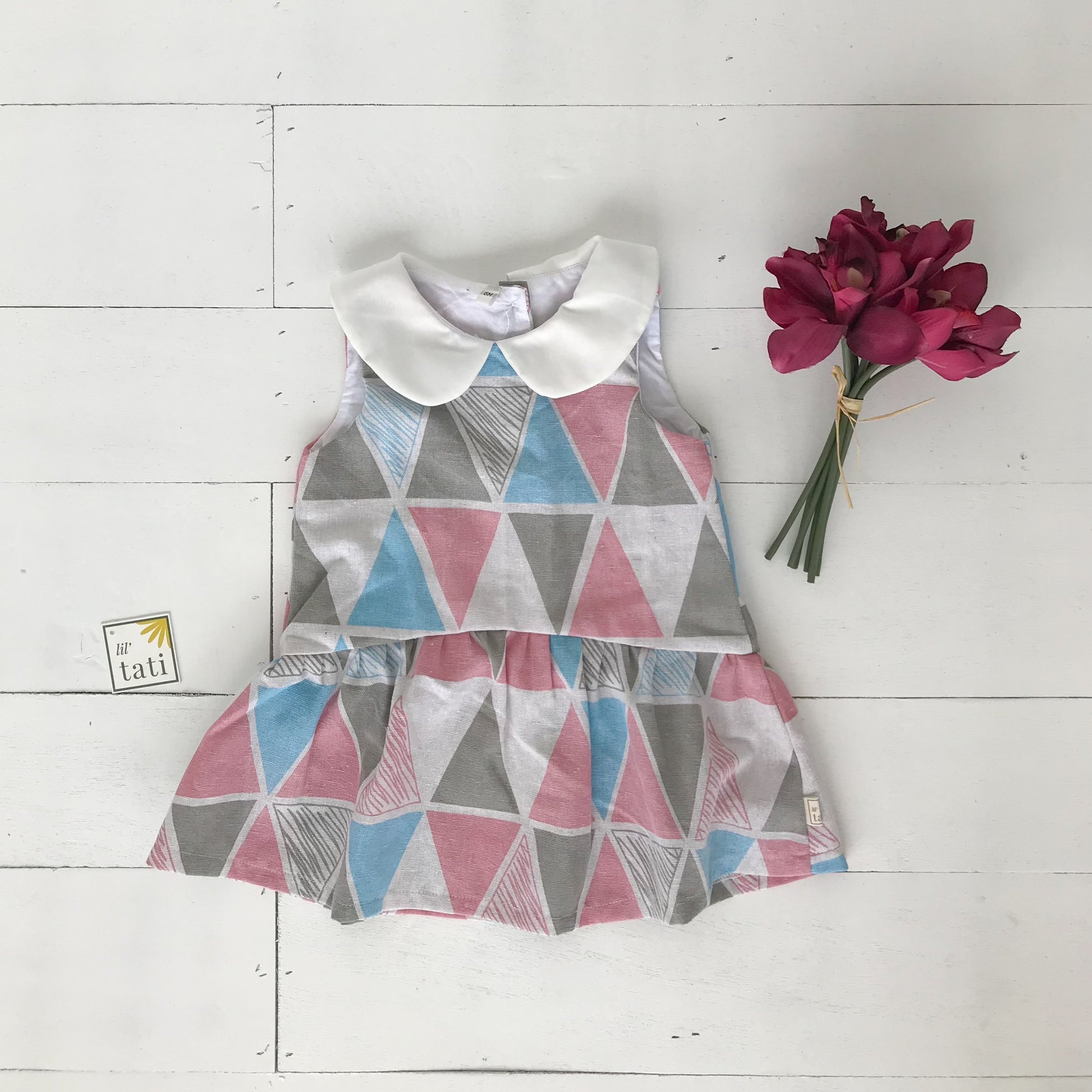 Daisy Dress in Blue Pink Triangle Print - Lil' Tati