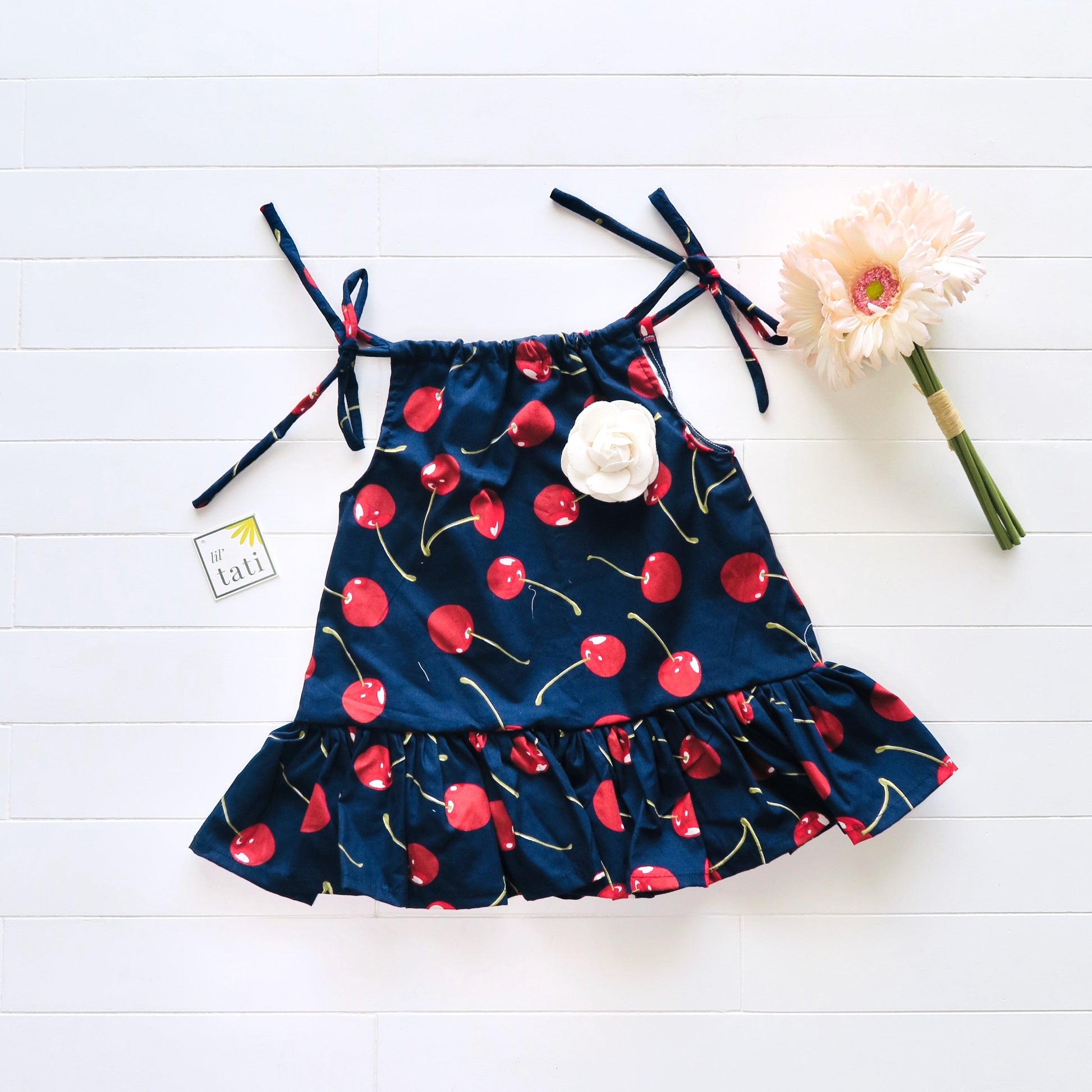 Daphne Dress in Navy Cherries Print - Lil' Tati