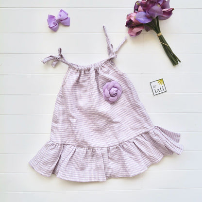 Daphne Dress in Pale Violet Checkered Linen - Lil' Tati