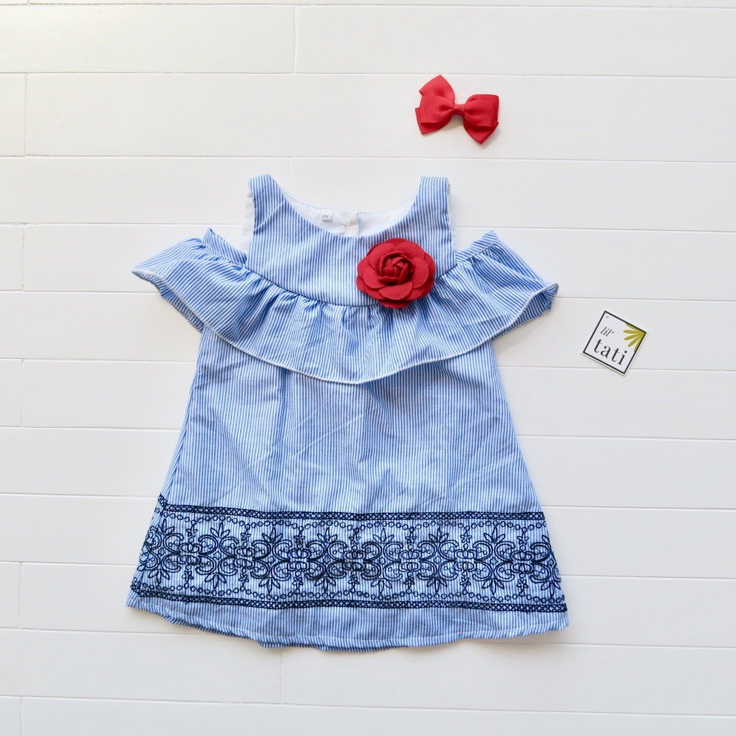 Hyacinth Dress in Blue Stripes Embroidery - Lil' Tati