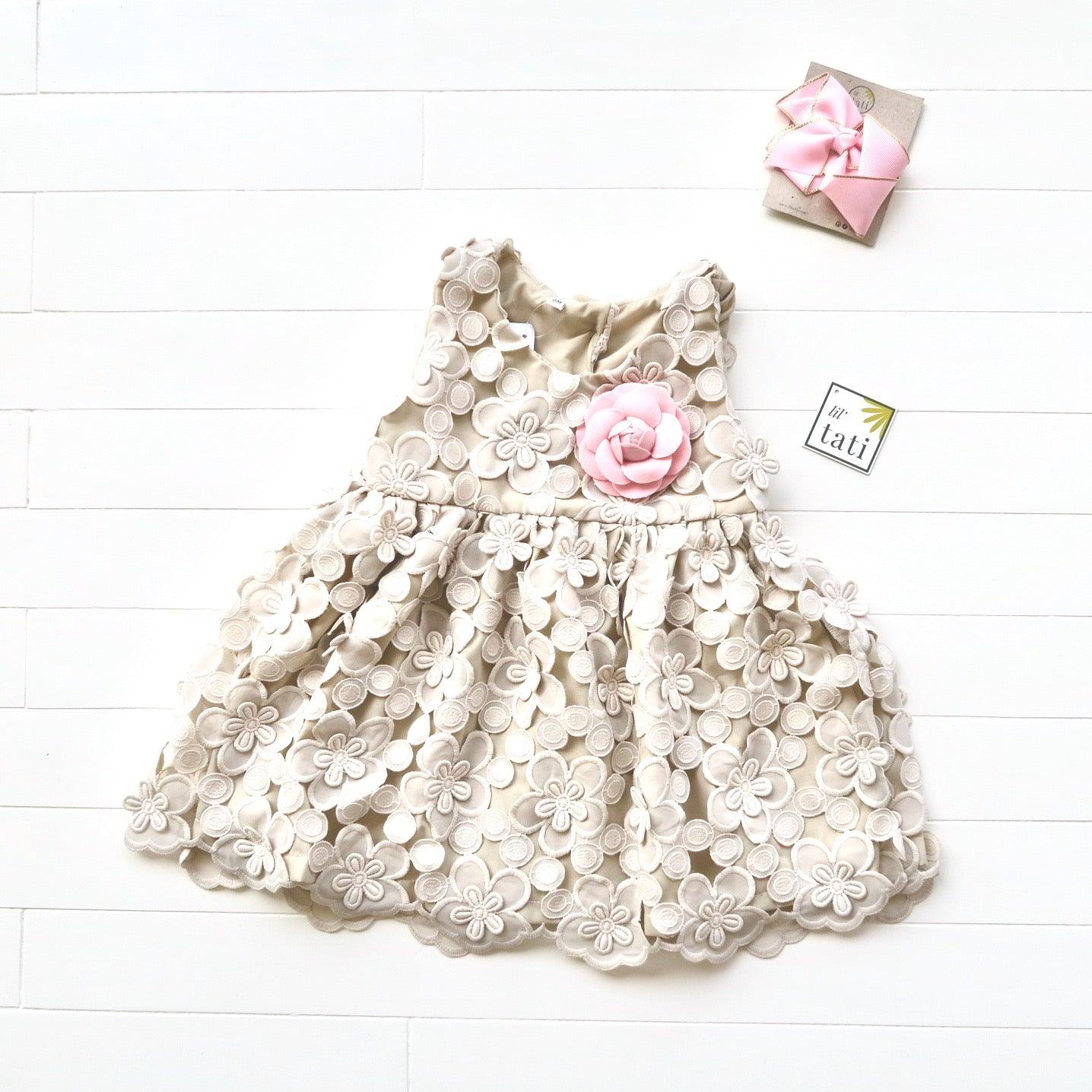 Iris Dress in Beige Origami Nude Lining - Lil' Tati