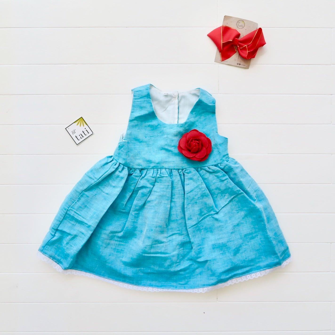 Iris Dress in Bluegreen Linen - Lil' Tati