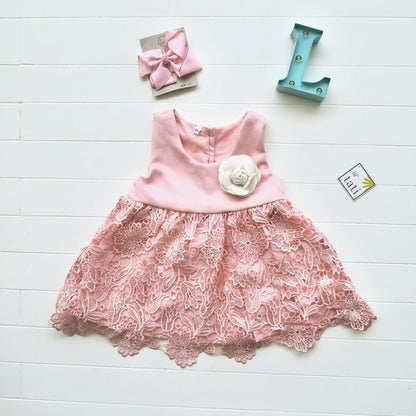 Iris Dress in Pink Neoprene & Pink Shiny Lace - Lil' Tati