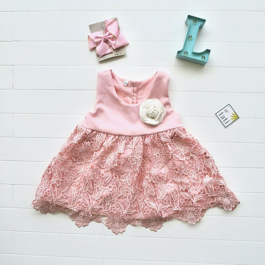 Iris Dress in Pink Neoprene & Pink Shiny Lace - Lil' Tati