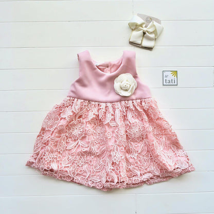Iris Dress in Pink Neoprene & Shiny Lace - Lil' Tati