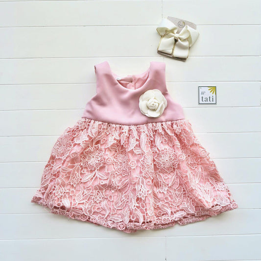 Iris Dress in Pink Neoprene & Shiny Lace - Lil' Tati