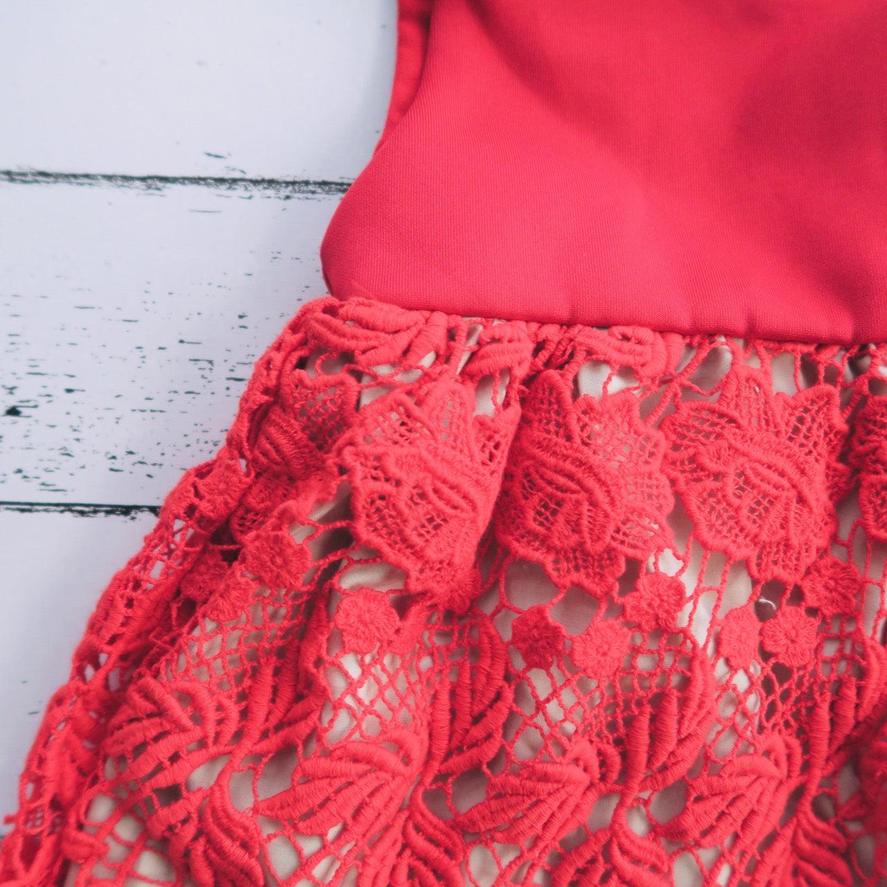 Iris Dress in Red Neoprene and Red Floral Lace - Lil' Tati