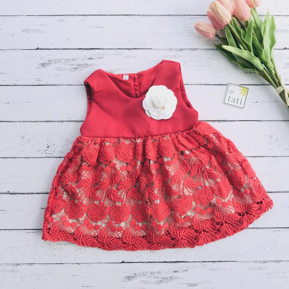 Iris Dress in Red Neoprene and Red Floral Lace - Lil' Tati