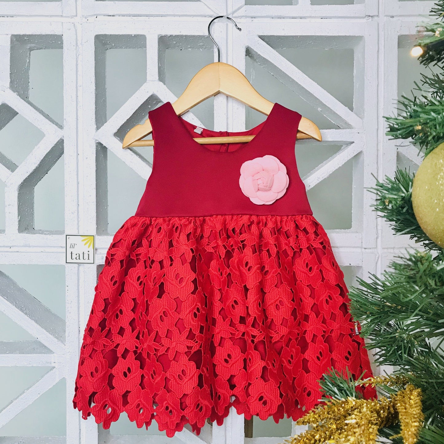 Iris Dress in Red Neoprene and Floral Lace - Lil' Tati