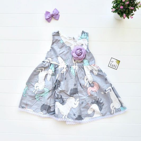 Iris Dress in Unicorn Gray Print - Lil' Tati