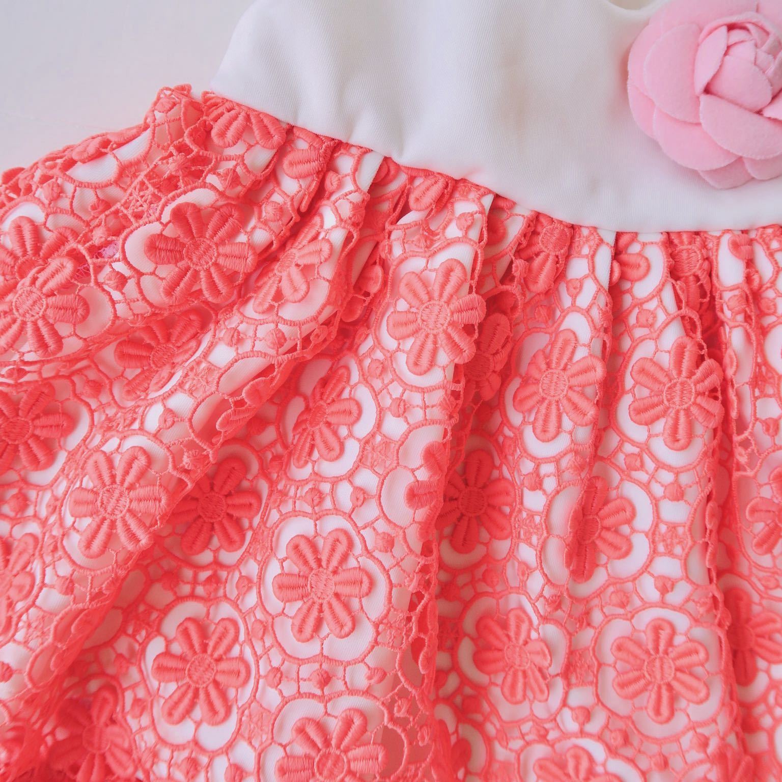 Iris Dress in White Neoprene and Coral Pink Lace - Lil' Tati