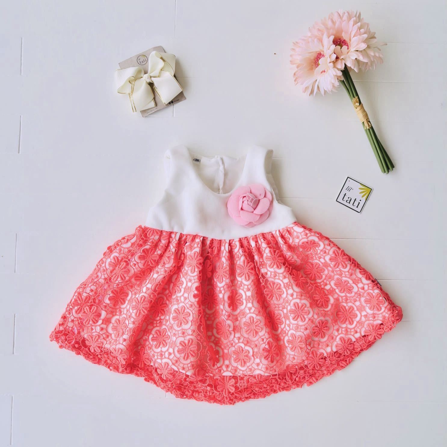 Iris Dress in White Neoprene and Coral Pink Lace - Lil' Tati