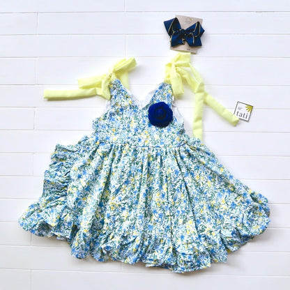 Laelia Dress in Blue Yellow Foliage - Lil' Tati