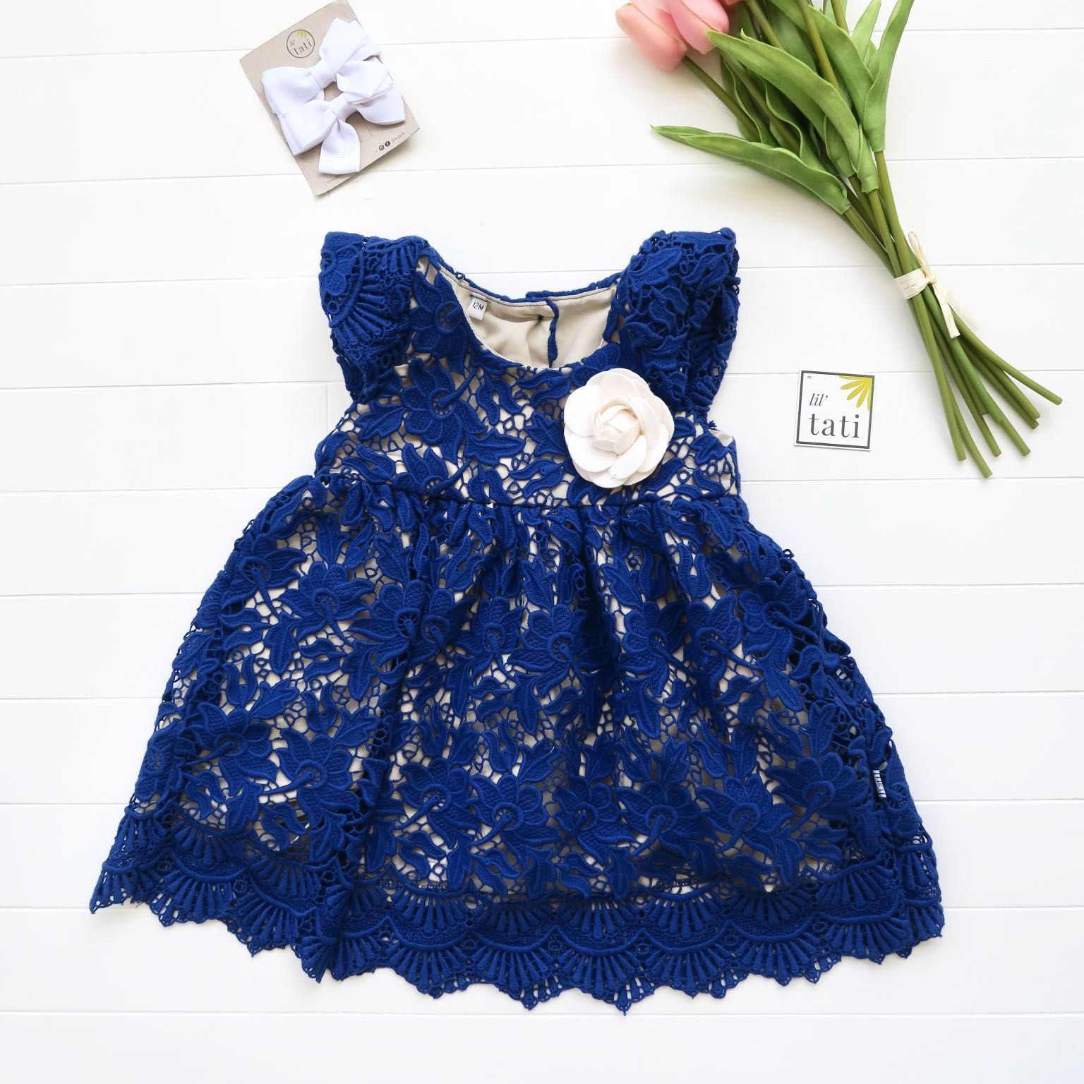 Lotus Dress in Blue Floral Lace - Lil' Tati
