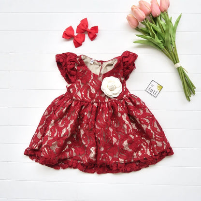 Lotus Dress in Deep Red Soft Lace - Lil' Tati