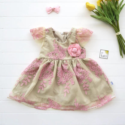 Lotus Dress in Pink Embroidery Tulle - Lil' Tati