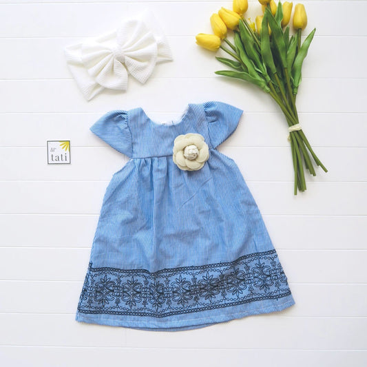 Magnolia Dress in Blue Stripes Embroidery - Lil' Tati