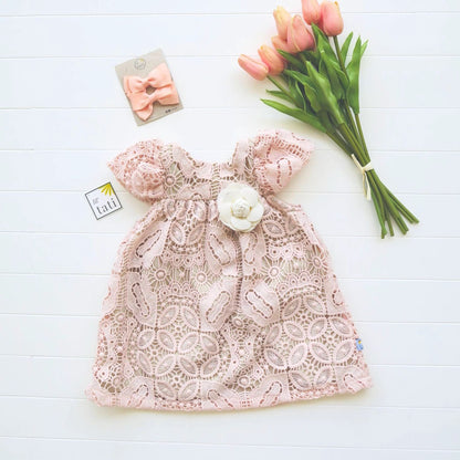 Magnolia Dress in Crepe Pink Floral Lace - Lil' Tati
