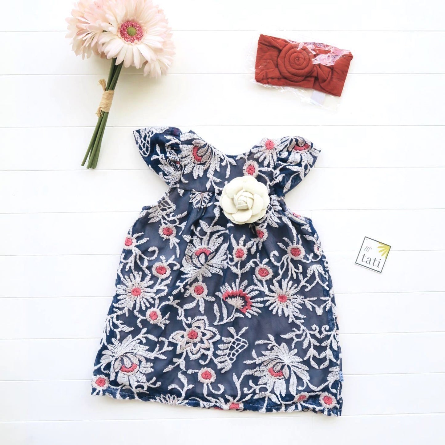 Magnolia Dress in Pink Navy Embroidery Tulle - Lil' Tati