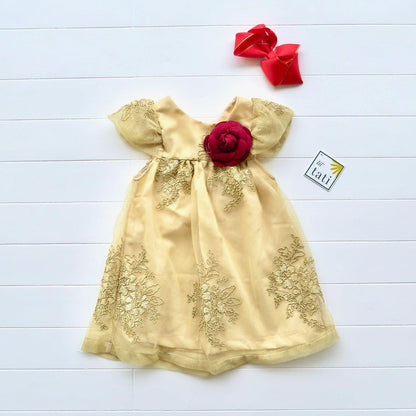 Magnolia Dress in Fancy Gold Tulle Embroidery - Lil' Tati