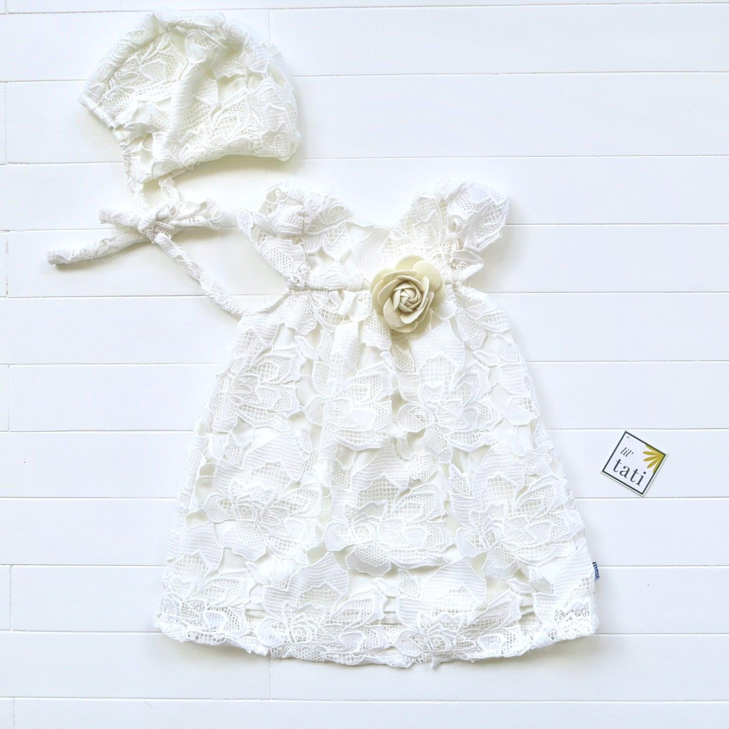Magnolia Christening Set - Short in Rose Eyelet Fold Lace - Lil' Tati
