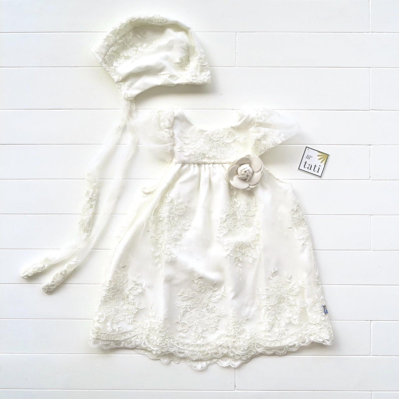 Magnolia Christening Set - Short in White Tulle Embroidery - Lil' Tati