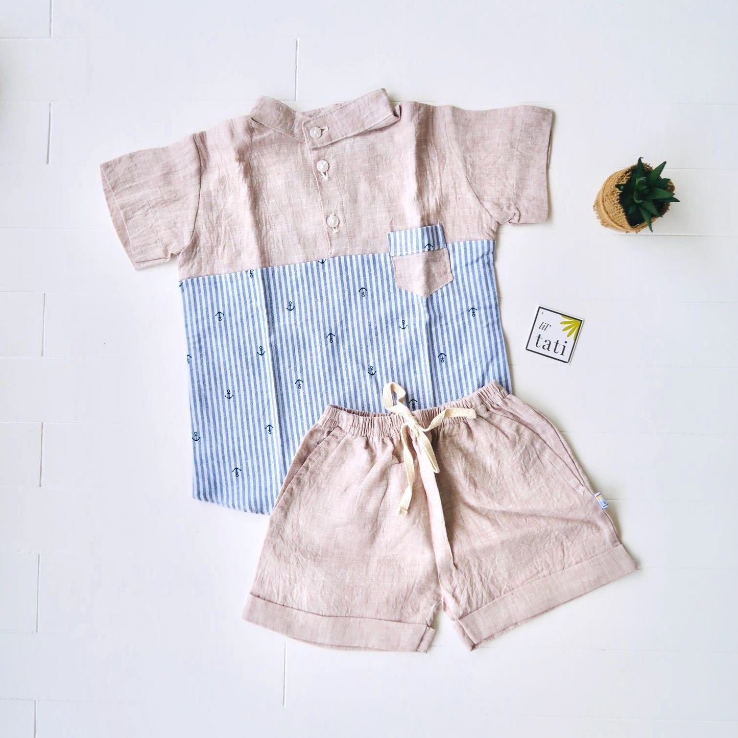 Maple Top & Shorts in Anchor Stripes and Dark Beige Linen - Lil' Tati