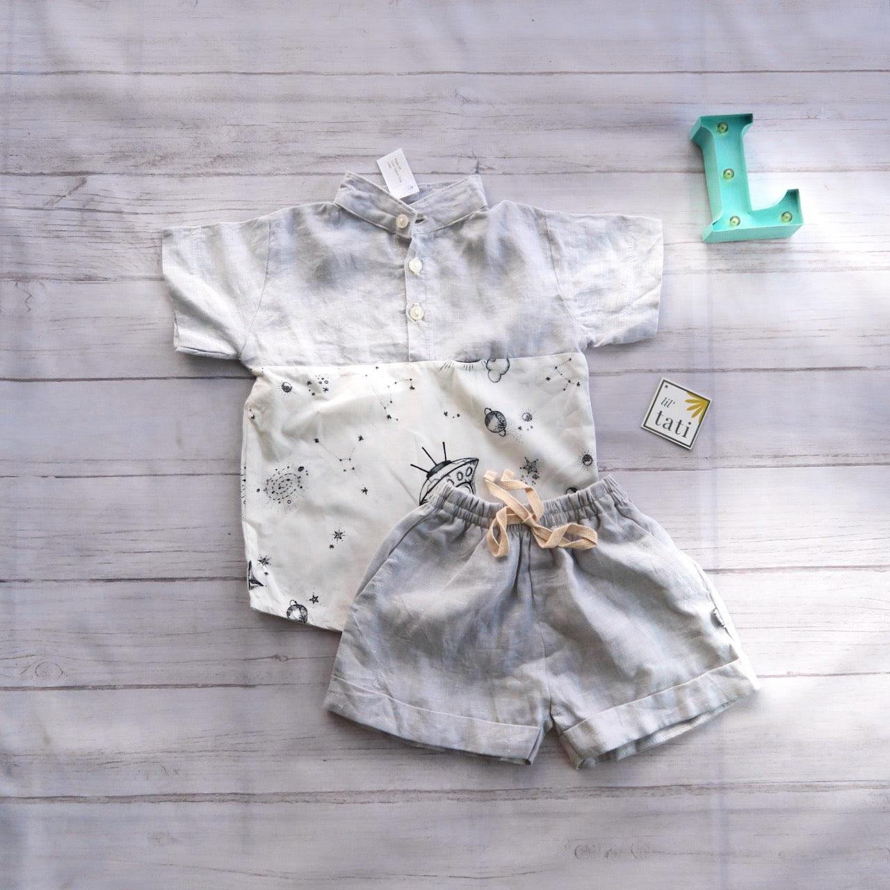 Maple Top & Shorts in Space White and Light Gray Linen - Lil' Tati