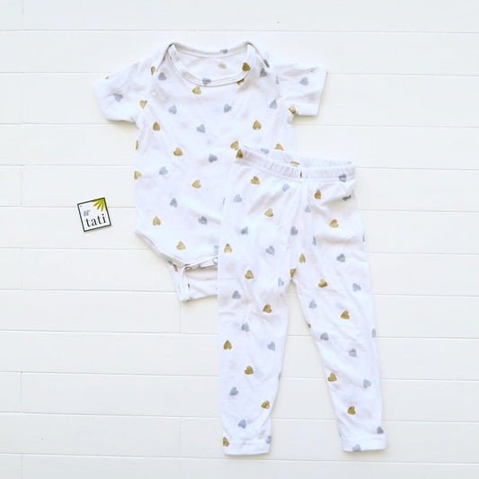 Cotton Stretch Onesie & Leggings Set - Gold Silver Hearts Print - Lil' Tati