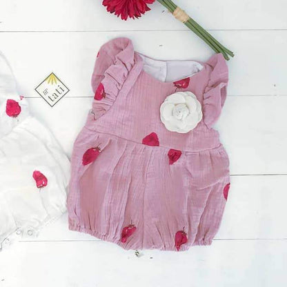 Orchid Playsuit - Ruffle Sleeves in Crepe Strawberry - Old Rose - Lil' Tati