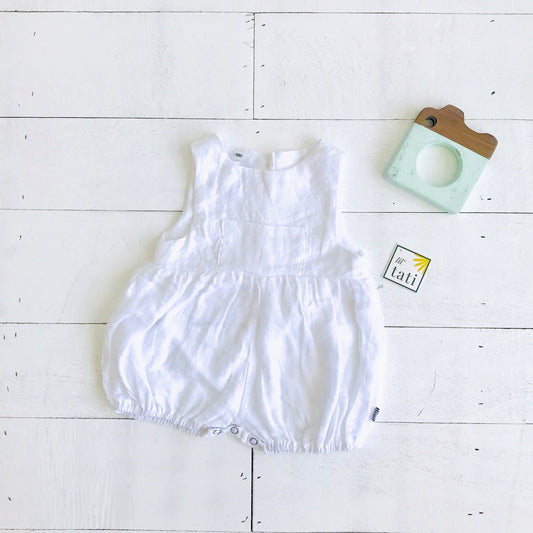 Orchid Playsuit with Front Pocket in Organic Muslin - White - Lil' Tati