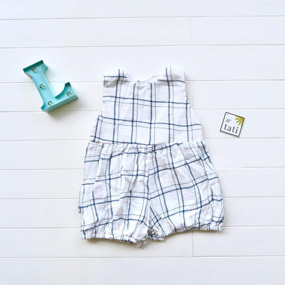 Orchid Playsuit in White Blue Checkered Crepe - Lil' Tati