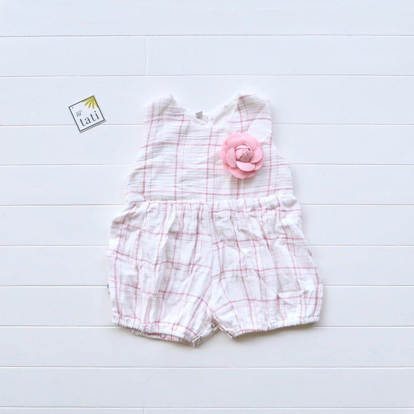 Orchid Playsuit in White Pink Checkered Crepe - Lil' Tati