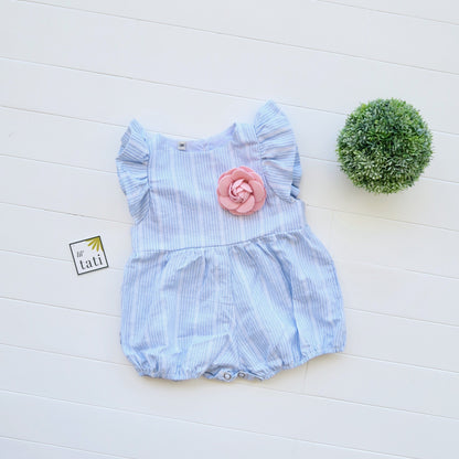 Orchid Playsuit - Ruffle Sleeves in Linen Blue Stripes - Lil' Tati