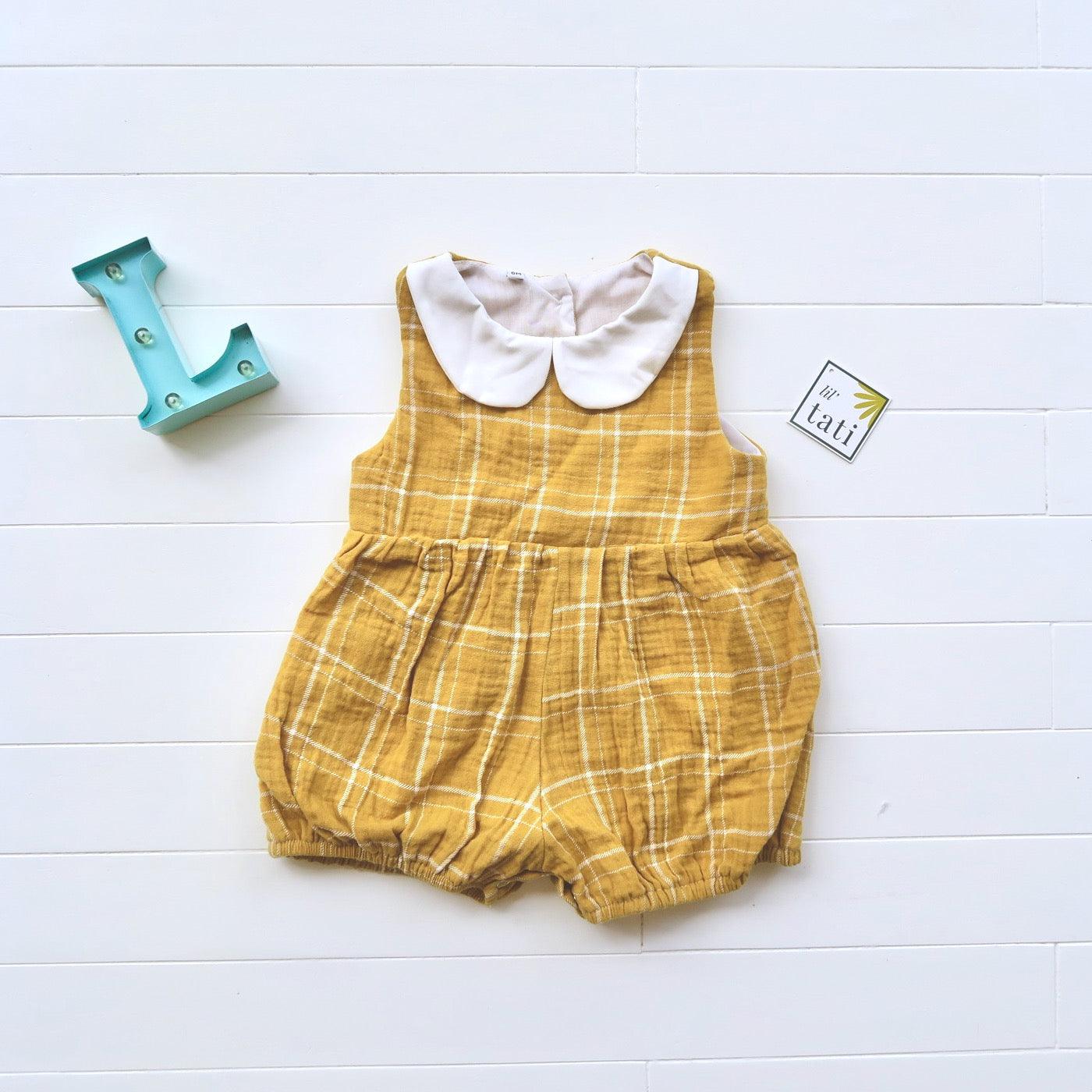 Orchid Playsuit - Collar in Mustard Checkered Crepe - Lil' Tati